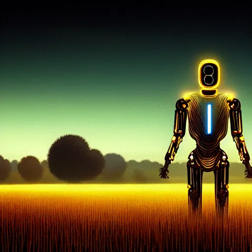 Prompt: digital painting of a glowing god with gold wires levitating in a wheat field, smooth and advanced robotic suit, lightning in sky, at night, stunning, cinematic lighting, concept art by greg rutkowski and simon stalenhag, artstation, cinematic, masterpice, insanely detailed, very realistic