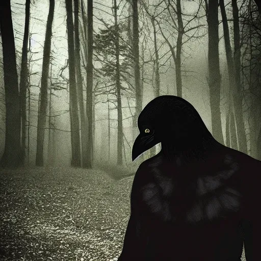 Prompt: !!!!!! werecreature consisting of a crow and a human, photograph captured in a dark forest