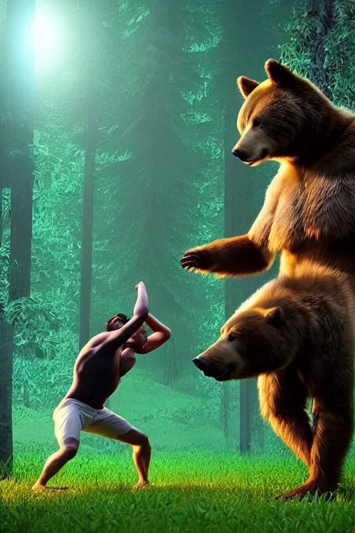 Image similar to a beautiful fullbody portrait of a bear and a wolf playing capoeira in a forest, at night. volumetric light, detailed, photorealistic, fantasy, rendered in octane