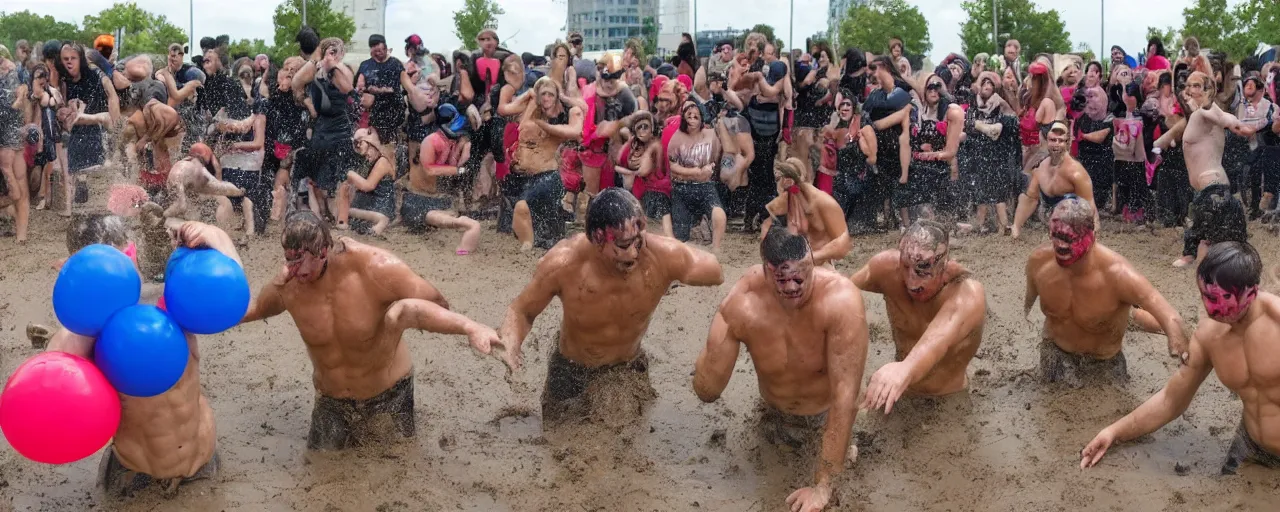 Image similar to feminists and anti - feminists engaged in an intense tactical water balloon fight and mud wrestling challenge as muscular men look on from the bleachers, in the style of marvel comics