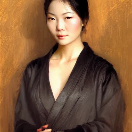 Image similar to detailed realistic cinematic wide shot of beautiful attractive hollow cheeks asian woman wearing black suit robe slim face symettrical face clean skin black eyes black robe smooth, sharp focus, ultra realistic, spring light, painting by gaston bussiere, craig mullins, j. c. leyendecker