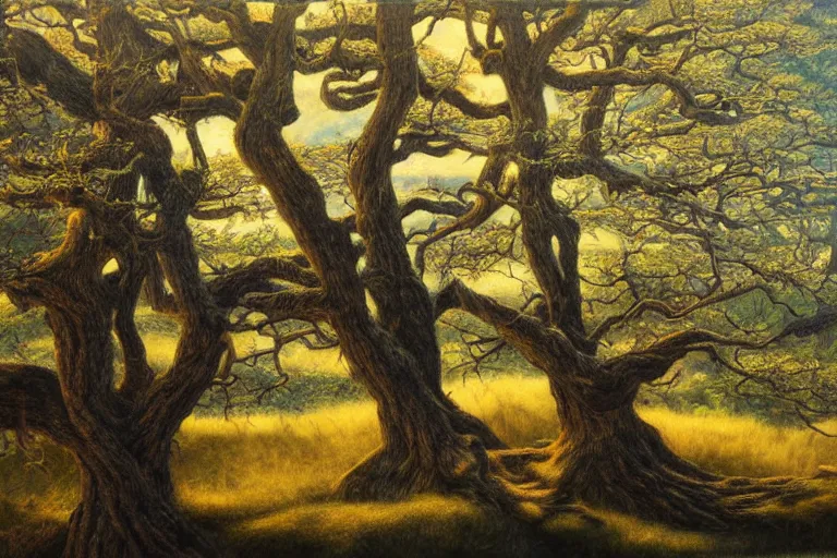 Image similar to masterpiece painting of oak trees on a hillside overlooking a creek, dramatic lighting, by chie yoshii