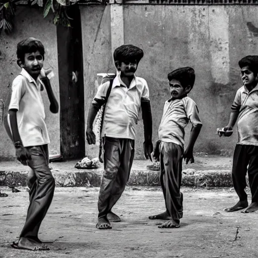 Prompt: four tamil friends playing a game of cricket, on an indian street, award winning image, national geographic, dslr image, black and white