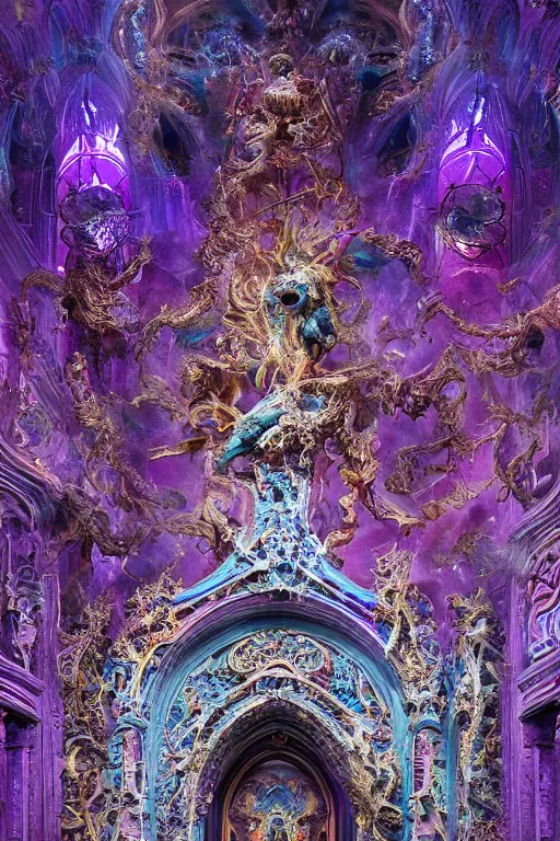 Image similar to intricately detailed calm warm terrifying forms and made of soft translucent blue and violet plastic, glowing cosmic nebulae in an ornate rococo cathedral, intricately detailed colorful modern style by Damien Hirst, Artstation