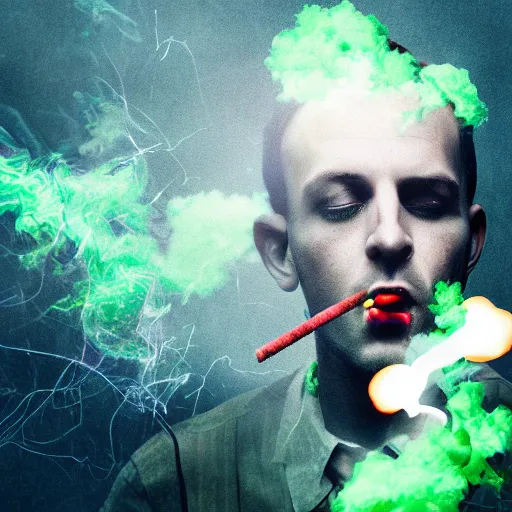 Image similar to electric weed cigarette lit emitting green smoke, commercial photo, ralph steadman style, contest winner, matte painting