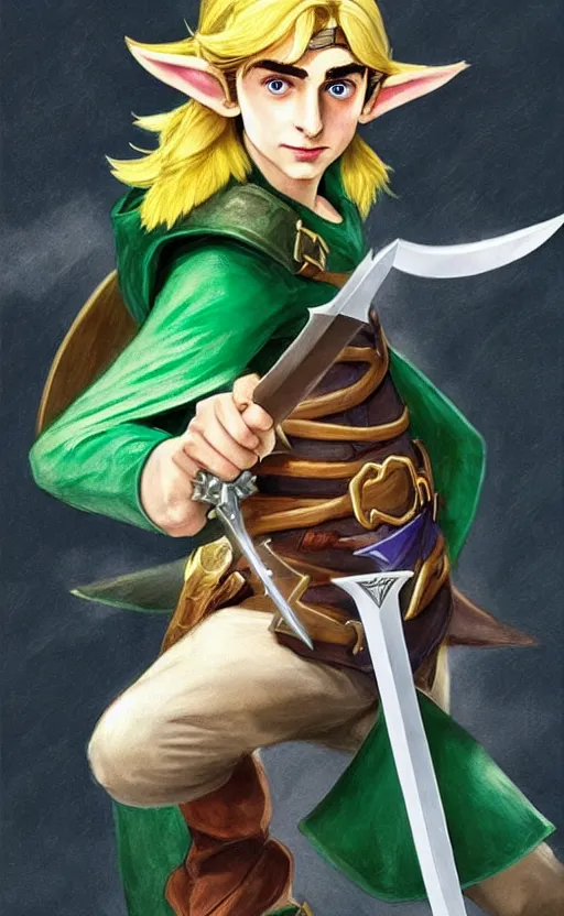 Image similar to Timothee Chalamet as Link from Legend of Zelda, elf ears, long blonde hair, +++ super super super dynamic posing, j.c. leyendecker, Valentina Remenar, thick eyebrows, super serious facial expression, holding a sword & shield, ocarina of time movie, concept photos, dynamic lighting, dynamic shaders