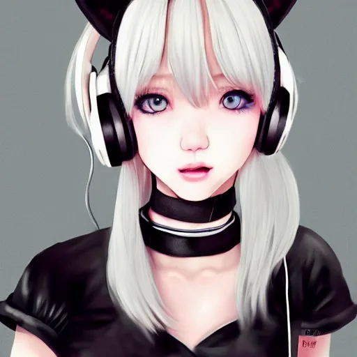 Image similar to realistic detailed semirealism beautiful gorgeous cute Blackpink Lalisa Manoban white hair white cat ears blue eyes, wearing black camisole maid outfit, headphones, black leather choker full HD 4K high resolution quality WLOP, Aztodio, Taejune Kim, Guweiz, Pixiv, Instagram, Artstation