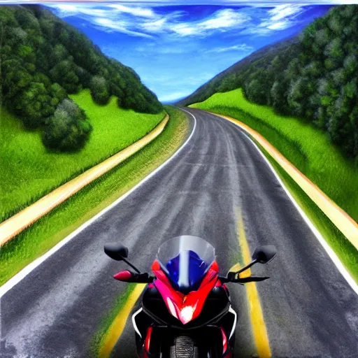 Prompt: new aesthetic and fast motorcycle. Flaming roads. photo realistic. high details. race. hyper realistic. oil painting