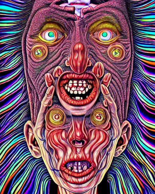 Prompt: Human Body breaking away, Conjuring Psychedelic Illustration, part by Shintaro Kago, part by Alex Gray, ultra realistic, highly detailed, 8k, symmetry, grotesque, vibrant,