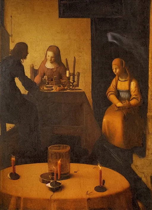 Image similar to a candlelit table at the inn, evening, dark room, two young people sitting at the table, swirling smoke, dark smoke, realistic, in the style of leonardo da vinci, dutch golden age, amsterdam, medieval painting by jan van eyck, johannes vermeer, florence