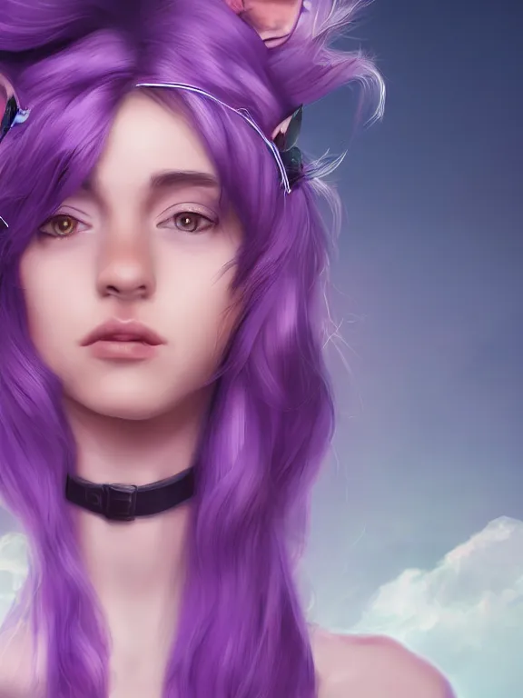 Prompt: Portrait art of a young man with purple hair and cat ears floating on a cloud, 8k, ultra realistic , lens flare, atmosphere, glow, detailed, intricate, full of colour, cinematic lighting, trending on artstation, 4k, hyperrealistic, focused, extreme details, unreal engine 5, cinematic, masterpiece