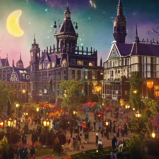 Image similar to A bustling magical town, witches and black cats are dancing around a colorful music festival, the large academy of magic and science can be seen towering in the distance, inspired by Victorian England and Amsterdam, highly detailed, matte painting, octane render, 8k, unreal engine