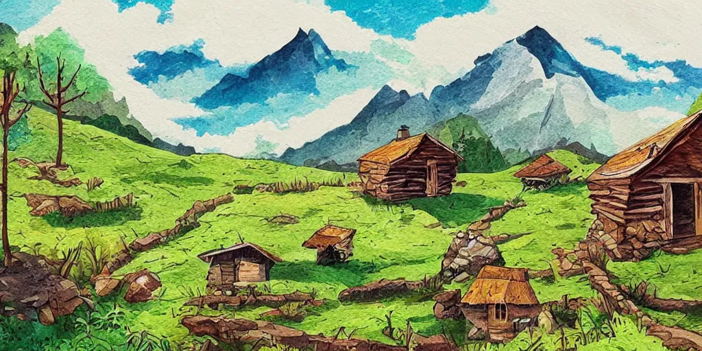 Image similar to beautiful mountain landscape with a wonderfully cozy hut and a beer garden, award winning masterpiece illustration