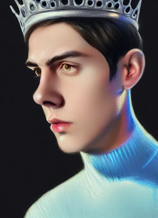 Image similar to portrait of teenage jughead jones wearing a light grey crown, crown, blue turtleneck, 1 9 5 0 s, closed eyes, photorealistic, black hair, glowing lighting, intricate, elegant, glowing lights, highly detailed, digital painting, artstation, concept art, smooth, sharp focus, illustration, art by wlop, mars ravelo and greg rutkowski