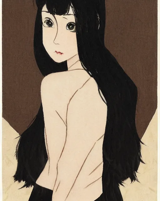 Image similar to a portrait of a young woman with shoulder length black hair, dark eyes, thick eyebrows, slightly chubby, pale skin, pretty, cute, by nakamura asumiko