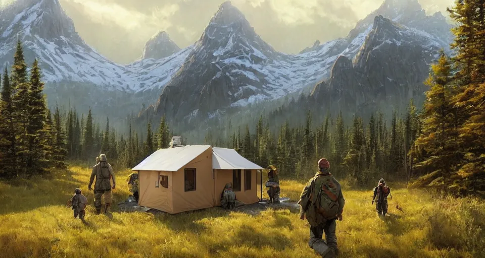 Image similar to cabela's beautiful comfortable community of modular insulated wall container home kit - house all weather military grade family dwelling tent house, person in foreground, mountainous forested wilderness open fields, beautiful views, painterly concept art, environmental concept art, concept art illustration, by james gurney, by craig mullins, by greg rutkowski trending on artstation