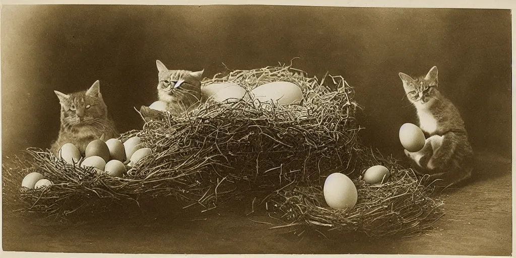 Image similar to very large cat guarding it's eggs, giant nest. Tiny business men. strange, photograph, 1850s