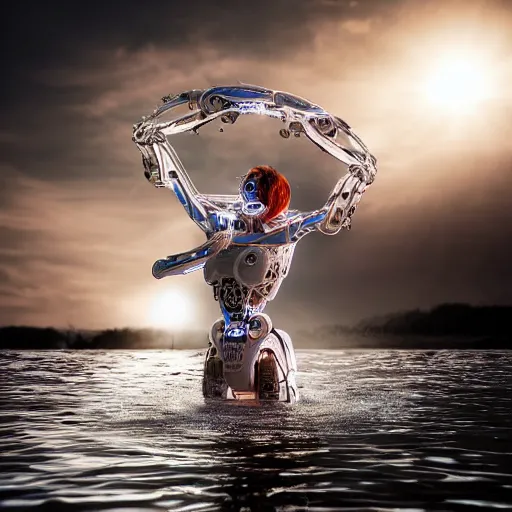 Image similar to beautiful centered fine art photo portrait of hoyeon jung as a solarpunk robotic humanoid treading on water below, white mechanical parts with led lights, ultra - detailed and intricate, white background, sun lighting, soft focus, slow exposure hdr 8 k