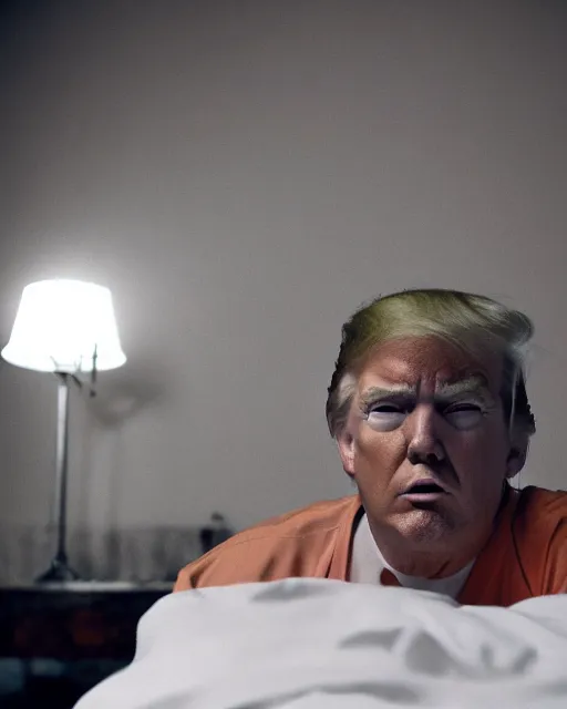 Prompt: closeup portrait of of angry donald trump wearing orange prison pajamas sitting on a bed in a filthy prison, cinematic masterpiece, octane, dramatic lighting, 35mm, very detailed