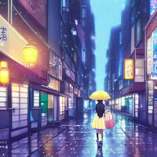 beautiful smiling anime girl walking in rainy osaka | Stable Diffusion