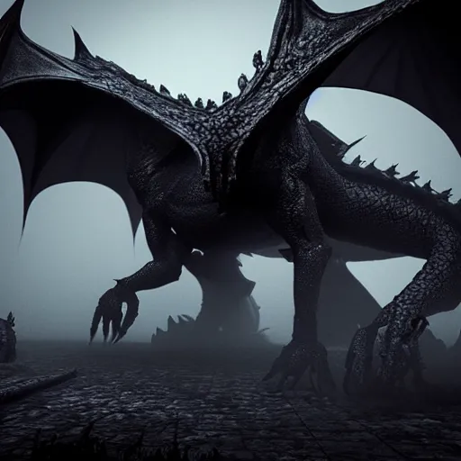 Image similar to a highly detailed ghastly shot of a (dragon) made of black fog and obscure shadow, creating an ominous presence, artstation, deviantart, unreal engine 5 render