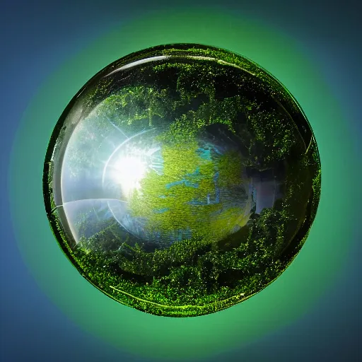 Prompt: professional photo of the magical element of green earth, flora, vines, trapped inside a perfectly round glass sphere hovering in the air, arcane magic, ultra detailed, dramatic lighting, caustics