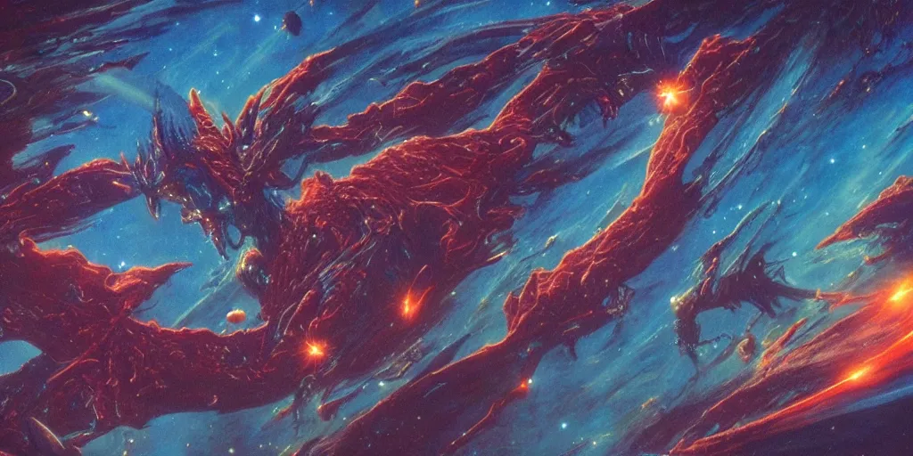 Image similar to a cinematic shot of an alien dragon flying through outer space, epic nebula, style of jean giraud moebius, moebius, matte illustration