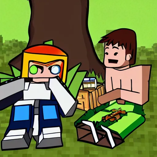 Prompt: master chief and minecraft steve having a picnic under a tree,
