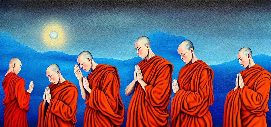 Image similar to dystopian surreal painting of monks praying