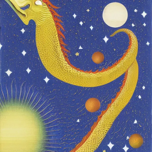 Image similar to contest winner by tomma abts. a performance art of a dragon in space. the dragon is in the foreground with its mouth open rows of sharp teeth. coiled & ready to strike, its tail is wrapped around a star in the background. background is full of stars & galaxies.