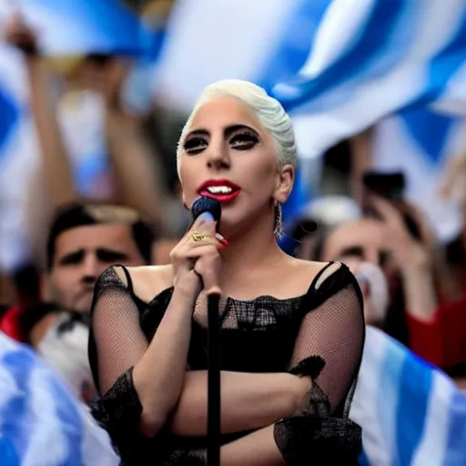 Image similar to Lady Gaga as president, Argentina presidential rally, Argentine flags behind, bokeh, giving a speech, detailed face, Argentina