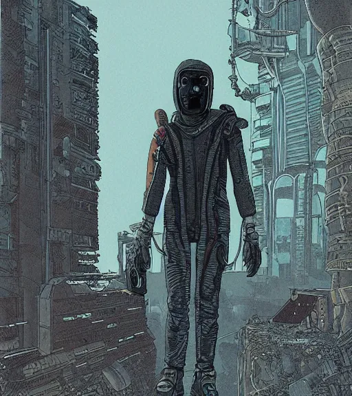 Image similar to a cyberpunk mole man explores alien ruins, techwear, Industrial Scifi, detailed illustration, character portrait, by Martin Grip and Moebius