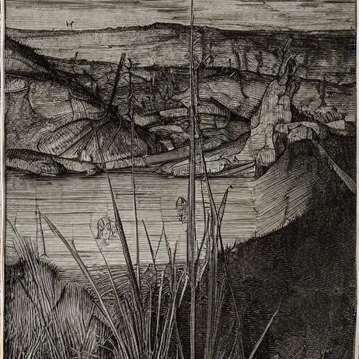 Image similar to albrecht durer engraving of a new england marsh