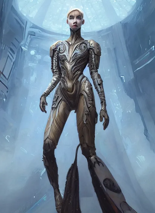 Image similar to a professional painting of a beautiful young female alien, clothed in ethereal armor, olive skin, long dark hair, beautiful bone structure, symmetrical facial features, intricate, elegant, digital painting, concept art, smooth, sharp focus, illustration, from Valerian and the City of a Thousand Planets, by Ruan Jia and Mandy Jurgens and Artgerm and William-Adolphe Bouguerea