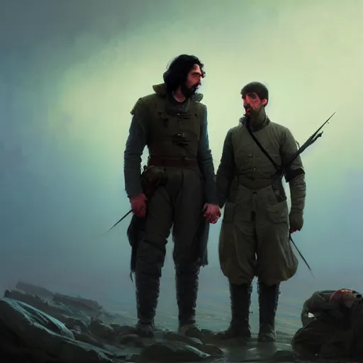 Image similar to portrait of adam driver helping a wounded john oliver, standing together, stoic, full body, military uniform, battle, war, cinematic lighting by darek zabrocki and greg ruthkowski, alphonse mucha, simon stalenhag and cinematic and blue cold atmospheric, concept art, artstation, trending on artstation - w 8 3 2