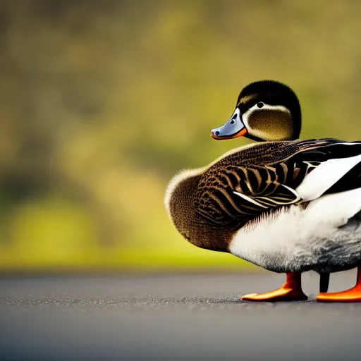 Image similar to a photo of a duck holding a knife with its beack, high quality, strong bokeh, 4k