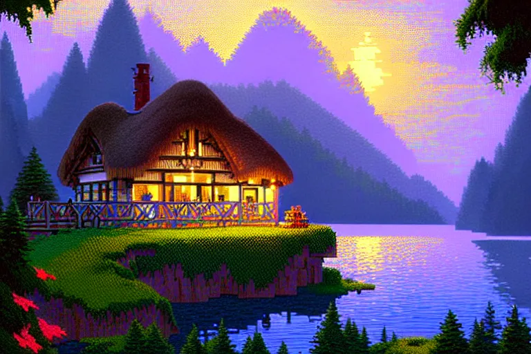 Image similar to view of a cottage above an azure lake, beautiful detailed pixelart by albertov, intricate details, beautiful, dithered gradients, volumetric lighting, cgsociety, artstation, 2 d, smooth, sharp, focus, illustration, art by artgerm, greg rutkowski, ilya kuvshinov, alphonse mucha