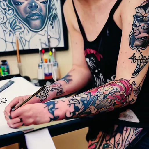 Prompt: a tattoo of a tattoo artist drawing a tattoo