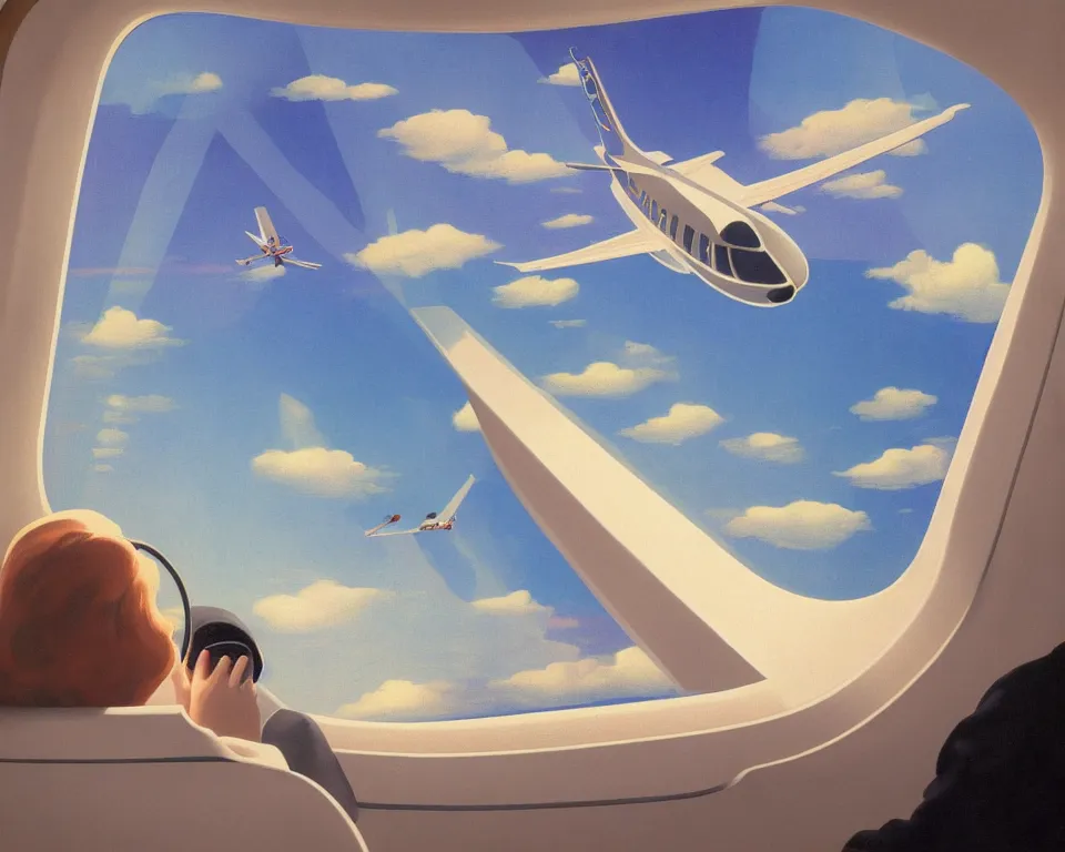 Prompt: an achingly beautiful print of inside a private jet looking out the window at Disneyland and surrounding area by Raphael, Hopper, and Rene Magritte. detailed, romantic, enchanting, trending on artstation.