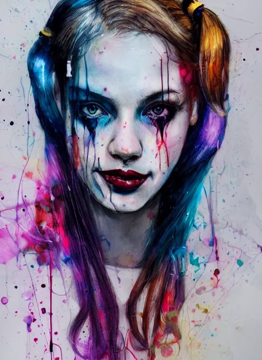 Image similar to harley quinn by agnes cecile, luminous design, pastel colours, ink drips, autumn lights