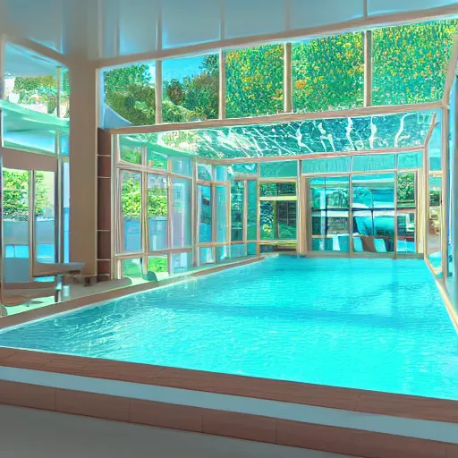 Image similar to A sunlit indoor lounge area with a pool with clear water and another pool with translucent pastel pink water, next to a big window, digital art