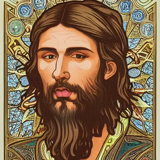 Prompt: an extremely detailed illuminated manuscript of a ridiculously good looking hipster jesus that looks like drinking espresso from a tiny teacup, ultrawide lens, wearing a jean jacket with a nirvana jacket and a beenie, carrying a skateboard shaped like a crucifix, waxed beard, very detailed, beautiful, intricate, alphonse mucha, greg rutkowski, octane render