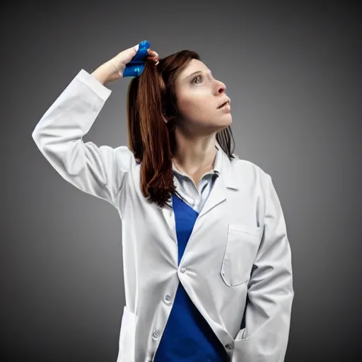 Prompt: dramatic dark painting digital art of brown hair female scientist wearing white lab coat, looking concerned