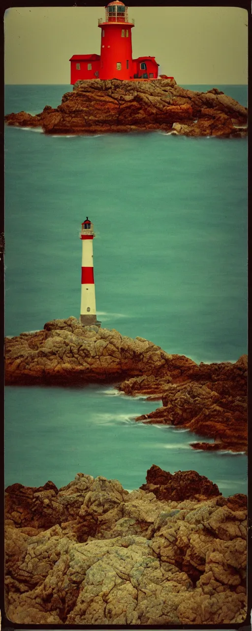 Prompt: Sole lighthouse on small rocky island in violent seas. vintage analog poloroid. warm azure tones, red color bleed, film grain, beautiful, brilliant. Isolation.