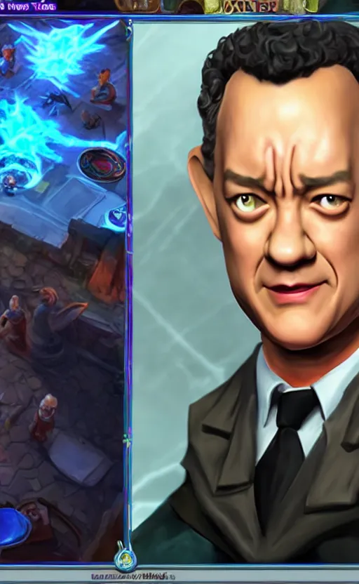 Image similar to Tom Hanks as a character in the game League of Legends, with a background based on the game League of Legends, detailed face, old 3d graphics