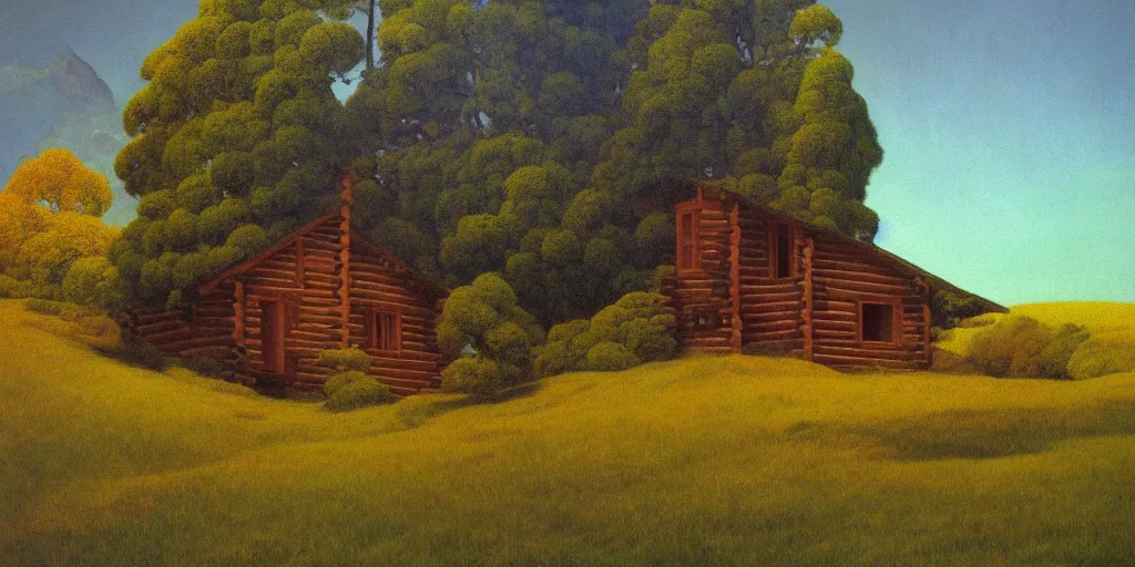 Prompt: a log cabin on a windy hillside, style of maxfield parrish, oil painting, high art,