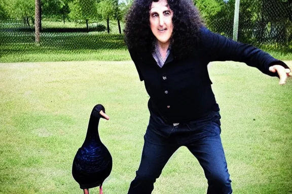 Image similar to weird al in a park with a goose