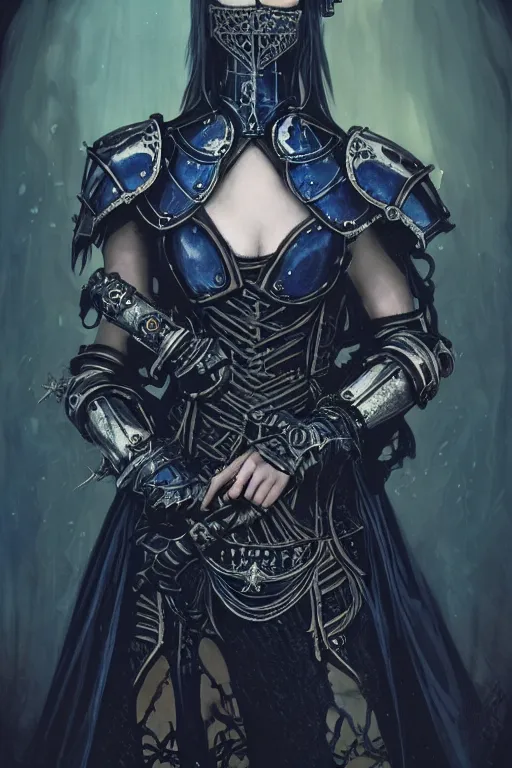 Image similar to beautiful gothic and victorian and evil and dieselpunk medieval female blue armor knight portrait, like lisa blackpink+smoky eyes+light flowing hair, ultradetail face, ruined gothic cathedral, art and illustration by tian zi and craig mullins and WLOP and alphonse mucha, ssci-fi, fantasy, intricate complexity, human structure, fantasy world concept, watermark, blurry, hyperrealism 8k