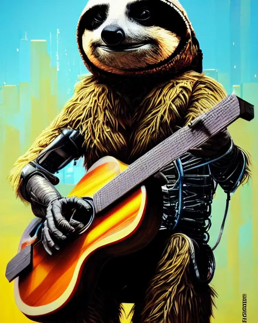 Image similar to a portrait of an anthropomorphic cyberpunk sloth strumming an acoustic guitar by sandra chevrier, by jon foster, detailed render, tape deck, epic composition, cybernetics, 4 k realistic, cryengine, realistic shaded lighting, sharp focus, masterpiece, by enki bilal