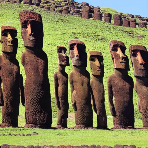 Image similar to 4 k colorful photograph of easter island statues overlooking a prison